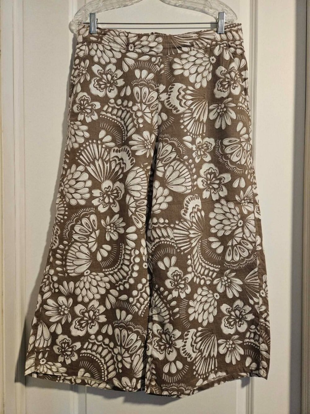 Rachel Zoe 100% Linen Wide Leg Pants Brown Cream Floral Print Size L